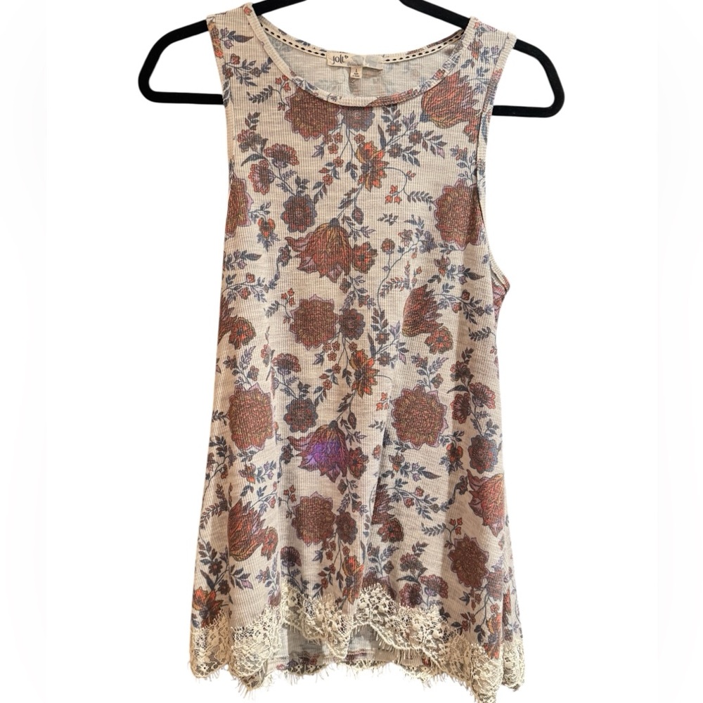 JOLT Floral Ribbed Tank Top with Lace Hem, Size L